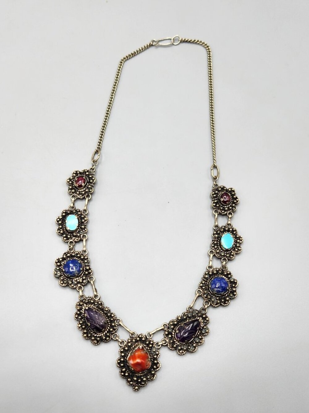Multicolor Stone Boho Style Bib Necklace Silver Tone
